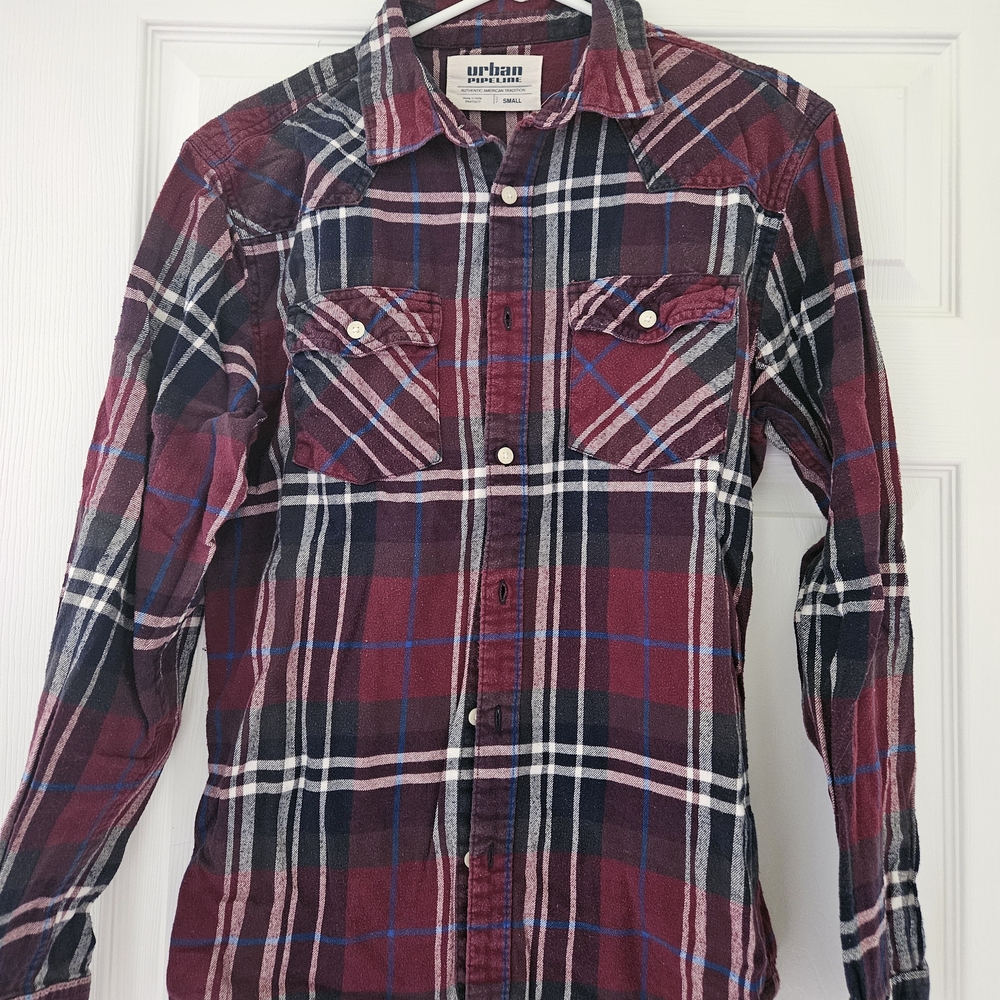 Urban Pipeline Red and Blue Plaid Casual Button Down Shirt